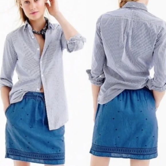 J. Crew Dresses & Skirts - J.Crew Women S Blue Chambray Linen Cotton Embroidered Drawstring Mini Skirt